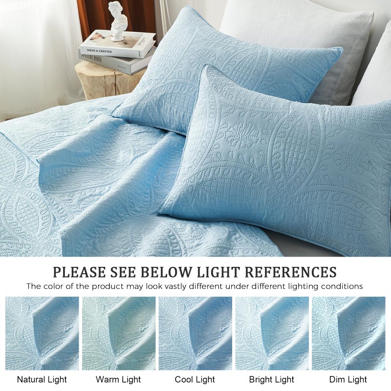 akkialla King Quilt Bedding Set Sky Blue Ultrasonic King/Cal King Quilt Set Lightweight Soft Bedspread Coverlet Modern Style Coin Pattern Bed Cover for All Seasons 3 Piece(1 Quilt 2 Pillow Shams) - Image 5